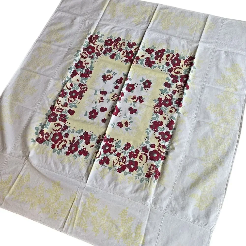Vintage Cotton Farmhouse Tablecloth Floral Print Yellow Red & Green Floral Flaws